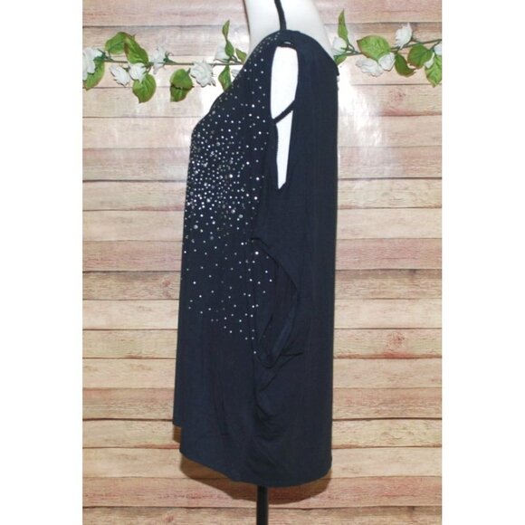Venus Womens Black Studded Open Shoulder Blouse Top Size 3X Stretch Short Sleeve - Picture 5 of 9